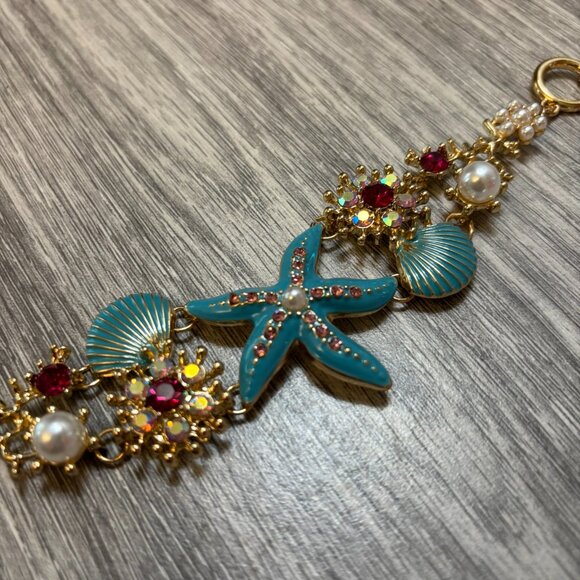 Turquoise Blue Ocean Beach Shell Starfish Seashell Crystal Statement Bracelet - Picture 3 of 6